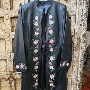 Embroidered Floral Long Black Leather Jacket